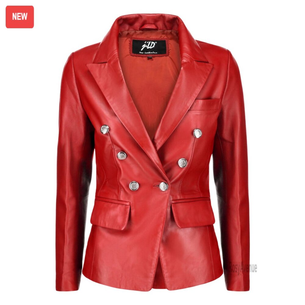 Lambskin Leather Blazer With Fancy Buttons, Double Breasted, Long Sleeve Coat